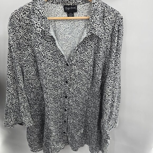 Maggie Barnes White Black Cheetah Animal Print Cotton Long Sleeved Blouse 26W - Picture 1 of 6